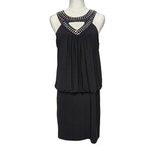 NWT CACHE Stunning Black Embellished Neckline Keyhole Blouson Dress